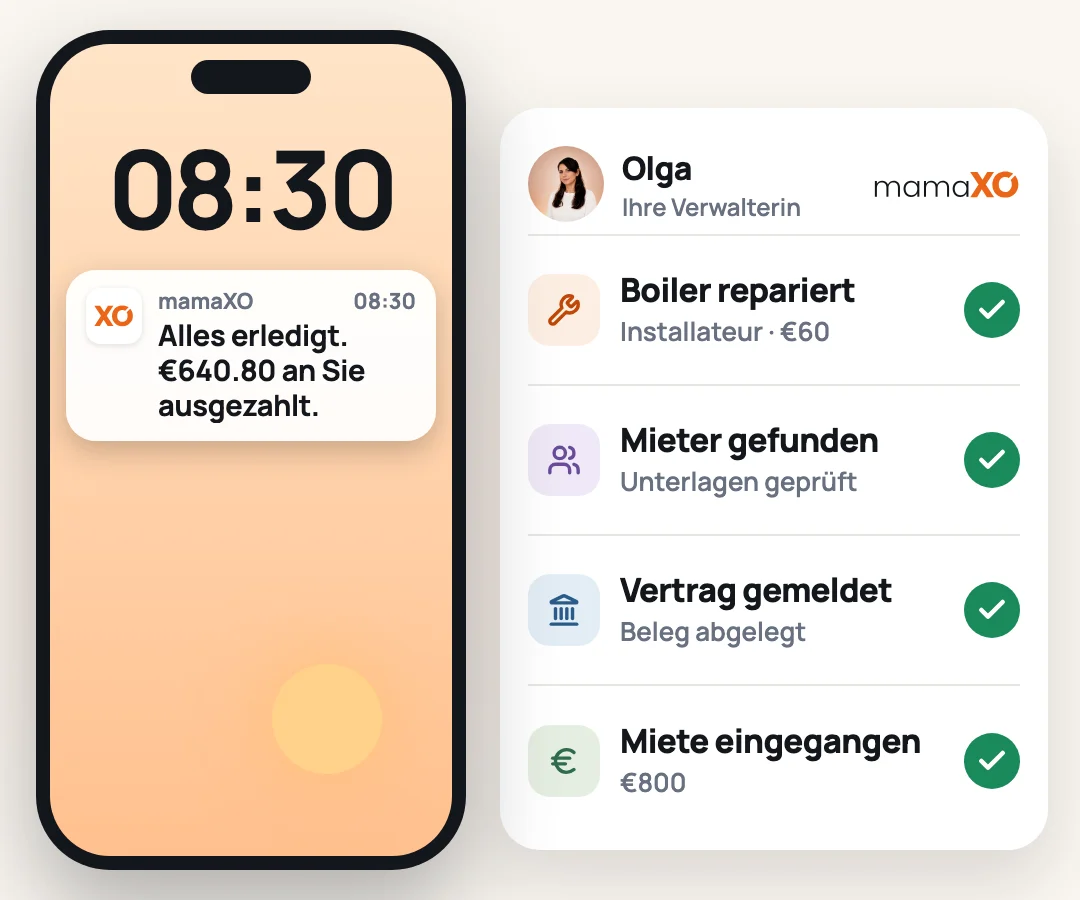 Nachts füllt sich das Handy des Eigentümers: ein kaputter Boiler, Besichtigungsanfragen, das Finanzamt, die Miete. Die Nachrichten gehen an die Verwalterin von mamaXO, und eine nach der anderen wird erledigt. Am Morgen hat der Eigentümer eine Nachricht: alles erledigt, das Geld ist ausgezahlt.